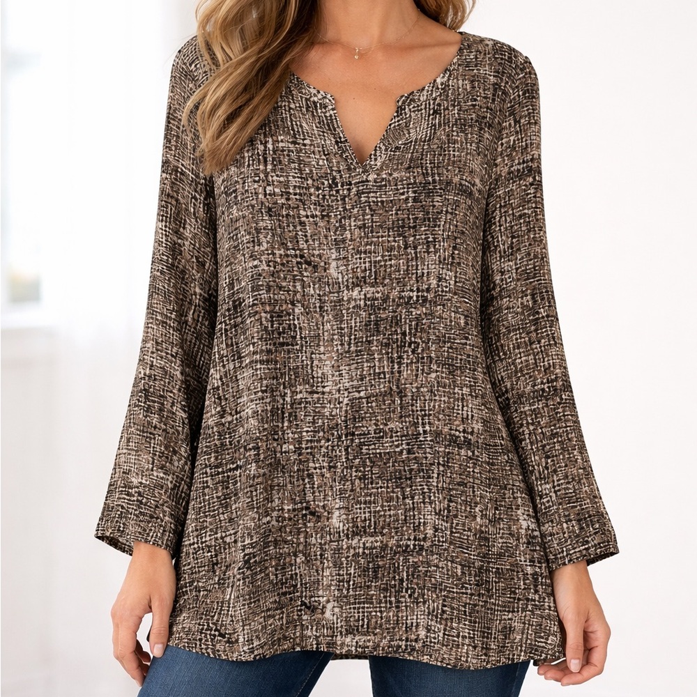 J. Jill Brown and Black Print V Neck Tunic Top Size L